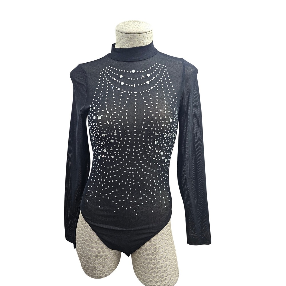 IRIS Black Mesh Rhinestone Turtleneck Long Sleeve Sexy Sheer Bodysuit Size M EUC